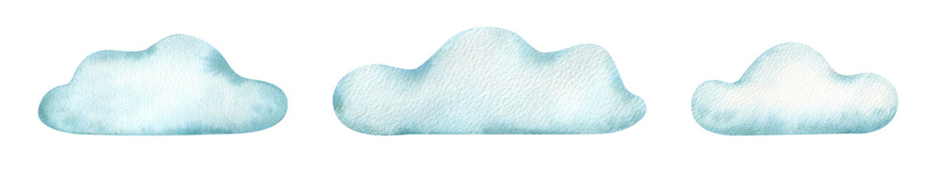 Set of Blue air clouds. Cute baby's Isolated hand drawn collection of Watercolor illustrations. Design elements for kid's goods, clothes, textiles, postcards, baby shower and children's room