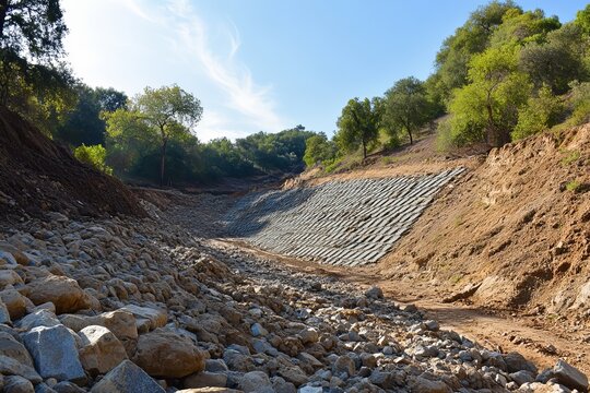 Reinforced Slope Stabilization Project Hillsides Erosion Control Gabion Walls Rockfill Retaining Wall Construction Site Engineering Landscape soil    