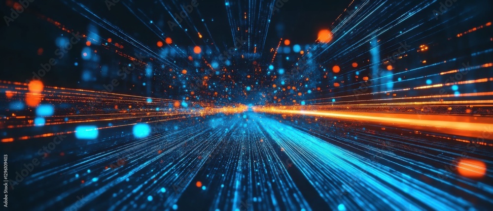 Poster abstract data stream with blue and orange light trails, representing high speed internet connection 