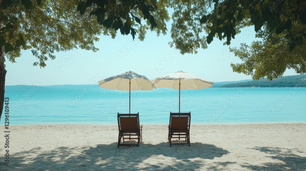 Poster two beach chairs and umbrellas are positioned near the water, creating a relaxing atmosphere for sun