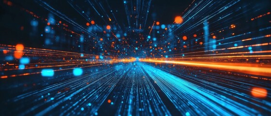 Fototapeta premium Abstract data stream with blue and orange light trails, representing high speed internet connection and digital network technology Concept of big data, ai, and cyberspace