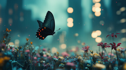 A black butterfly with orange spots flutters over a colorful wildflower meadow against a dreamy blurred cityscape with glowing lights