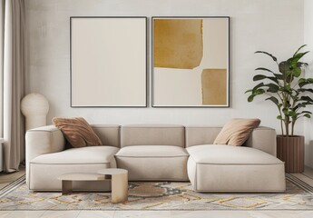 A modern living room interior with a white couch. two framed abstract paintings. a coffee table. and a potted plant
