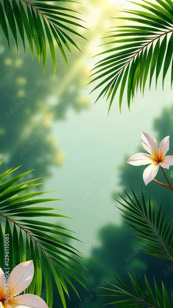 Poster a leafy green background with a red flower in the foreground. the background is filled with green le