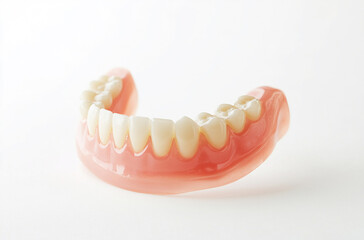Obraz premium dentures and a bridge made of inflatable material on a white background, dental prosthetics for elderly people with missing upper or lower teeth, isolated on a transparent white background.