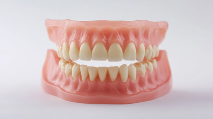 Obraz premium Two full sets of upper and lower teeth on a white background.
