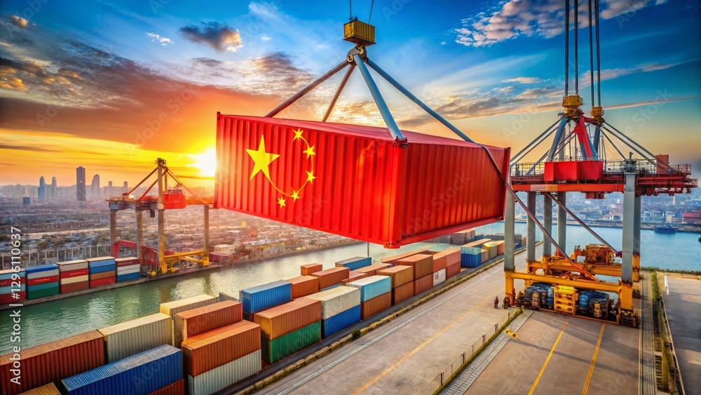 Poster aerial view: crane lifting cargo container with chinese flag at busy import/export terminal