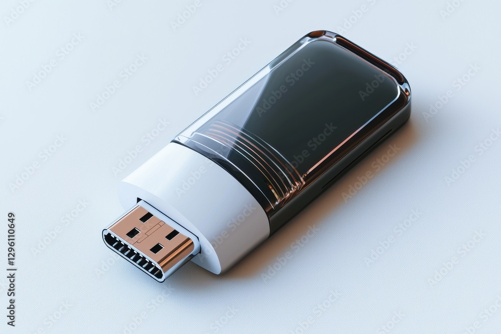 Poster close up of a modern usb-c flash drive with transparent casing, revealing inner components, lying on
