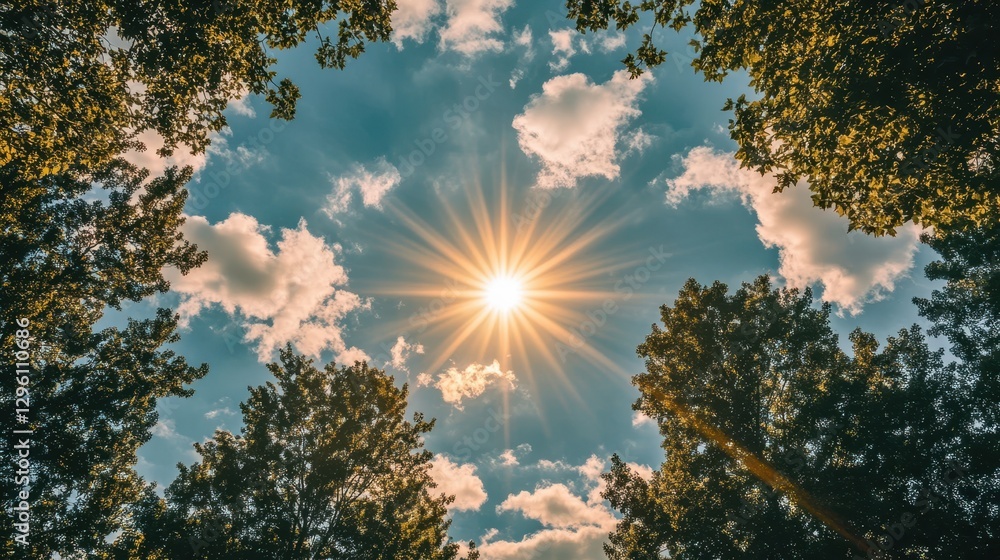 Poster a serene scene depicting sunlight filtering through lush tree branches against a bright blue sky, cr