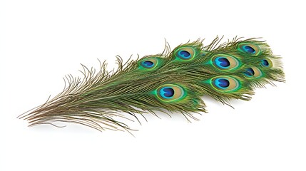 Obraz premium Vibrant Peacock Feathers Displaying Iridescent Colors on a White Background