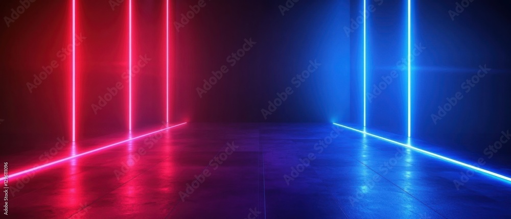 Poster modern neon illuminated room with red and blue glowing vertical lines, creating a futuristic and vib