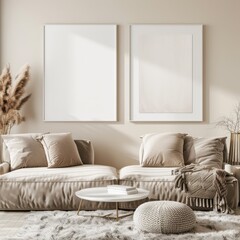 Minimalist living room interior with a beige sofa. two blank frames. and a white coffee table