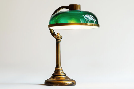 Illuminated vintage green glass banker's lamp with a brass base, emitting a soft glow, perfect for adding a touch of classic style to any home or office decor.