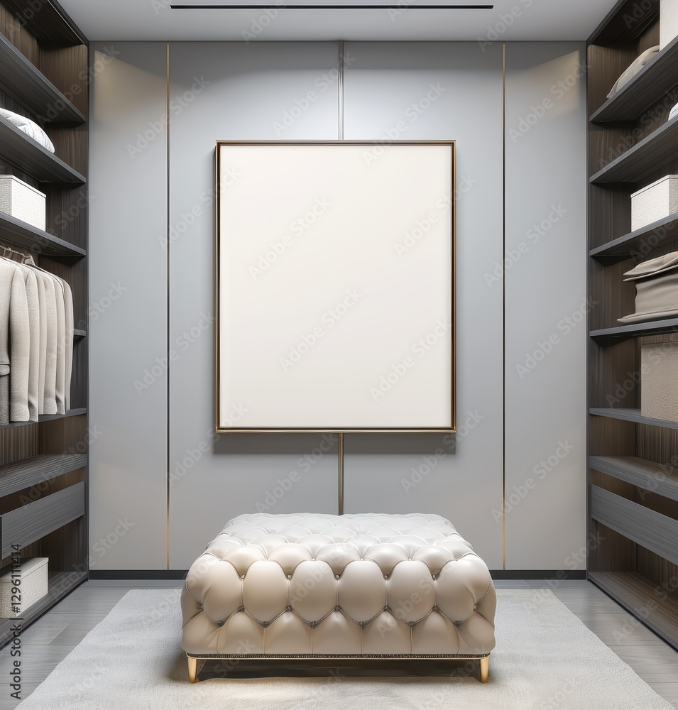 Poster a modern walk-in closet with a tufted ottoman in the center and a large empty frame on the wall
