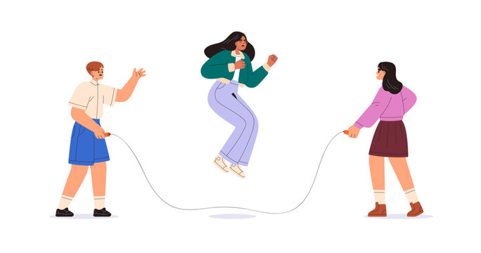 Kids playing Double Dutch with skipping rope. Happy school children, boy and girls friends jumping with fun, joy. Outdoor leisure activity, game. Flat vector illustration isolated on white background