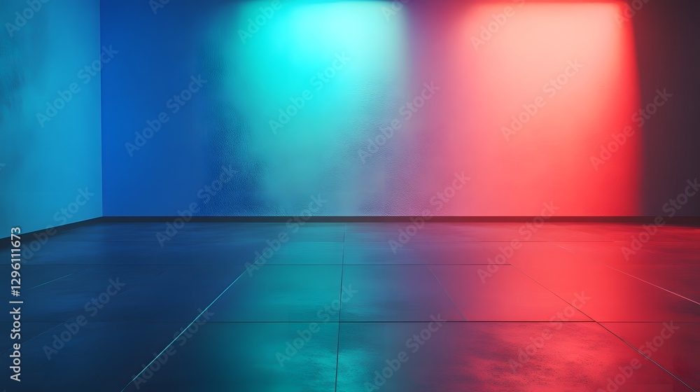 Poster a minimalistic room displaying colorful lights across the walls and floor