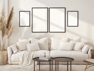 Modern living room interior with white sofa. black coffee table. and four empty frames on the wall