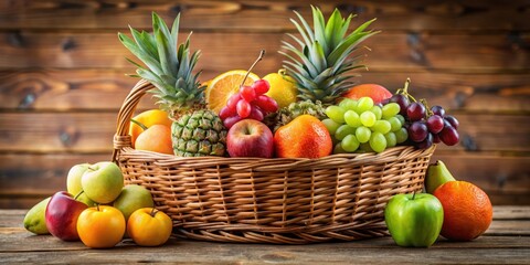 Colorful wicker basket overflowing with a variety of fresh fruits such as apples