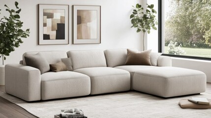 Modern sectional sofa in light beige fabric with cushions, placed in a bright living room with large windows and plants.