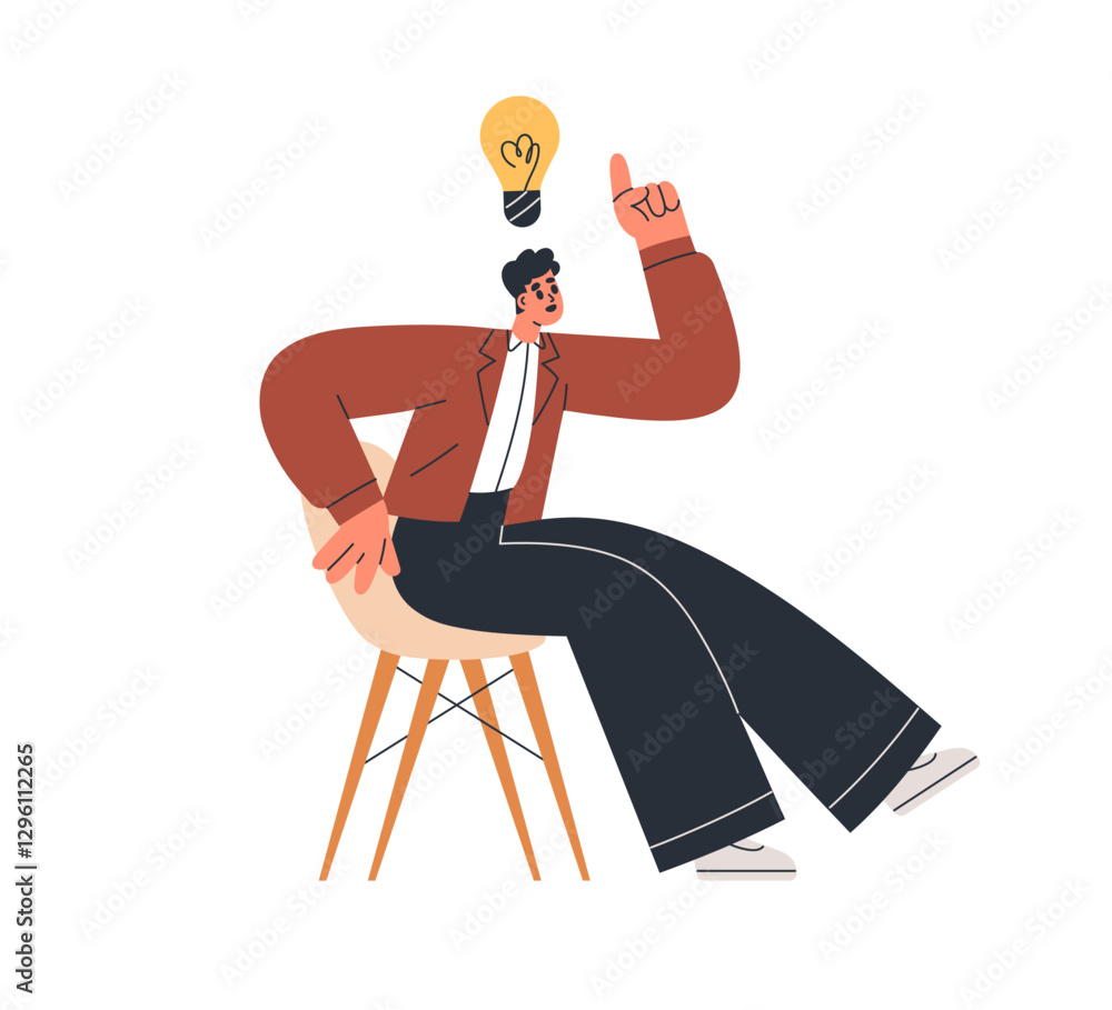 Poster business man with new creative idea, lightbulb above head. employee thinking, creating with light bu