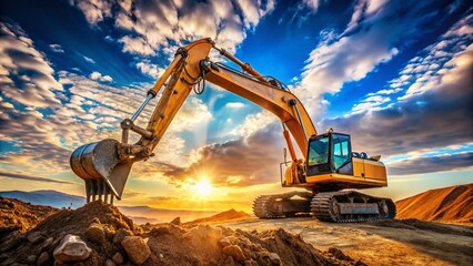 Aerial View: Excavator Boom and Open Bucket Against Vivid Blue Sky - Construction Equipment