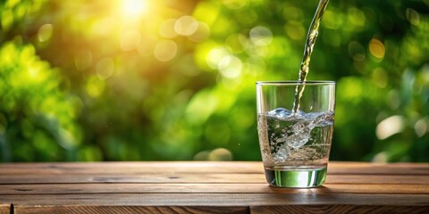 Fresh water being poured into a clear glass on a wooden table, hydration, refreshment