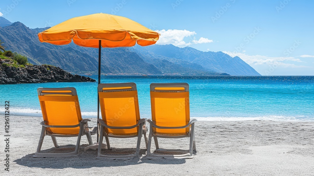 Poster two beach chairs and a colorful umbrella are set up on the sandy shore, creating a relaxing atmosphe