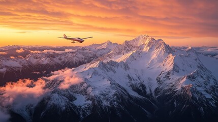 Fototapeta premium As the sun dips below the horizon, casting a warm, golden glow upon the snow-capped peaks, a lone aircraft gracefully ascends through the ethereal atmosphere, offering breathtaking panoramic views of