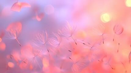 A vibrant bokeh of dandelion seeds, parachutes of nature is artistry, drifting on a gentle breeze against a soft-focus backdrop of blurred foliage, evoking a sense of tranquility and ethereal beauty.