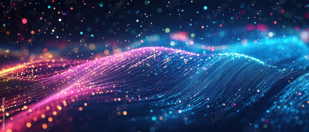 Poster abstract glowing particle waves in vibrant pink and blue colors, creating a futuristic data stream o