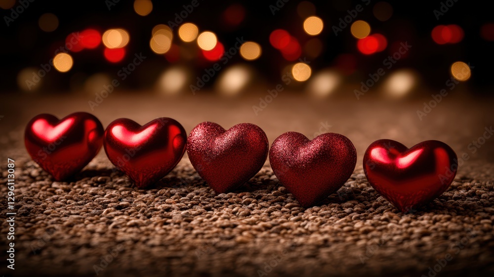 Aufkleber a series of vibrant red hearts are arranged in a neat row on a soft carpet, creating a visually stri