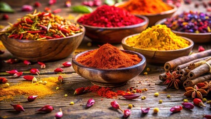 Fototapeta premium Aromatic spices arranged artfully on a wooden table amidst vibrant hues of red chili powder