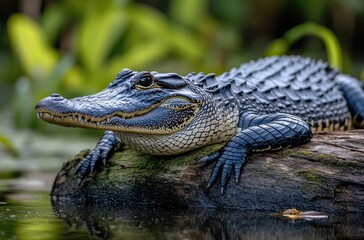 Fototapeta premium Majestic Alligator Relaxing on Log Beside Calm Water in Serene Natural Setting, Surrounded by Lush Greenery and Reflections of Wildlife
