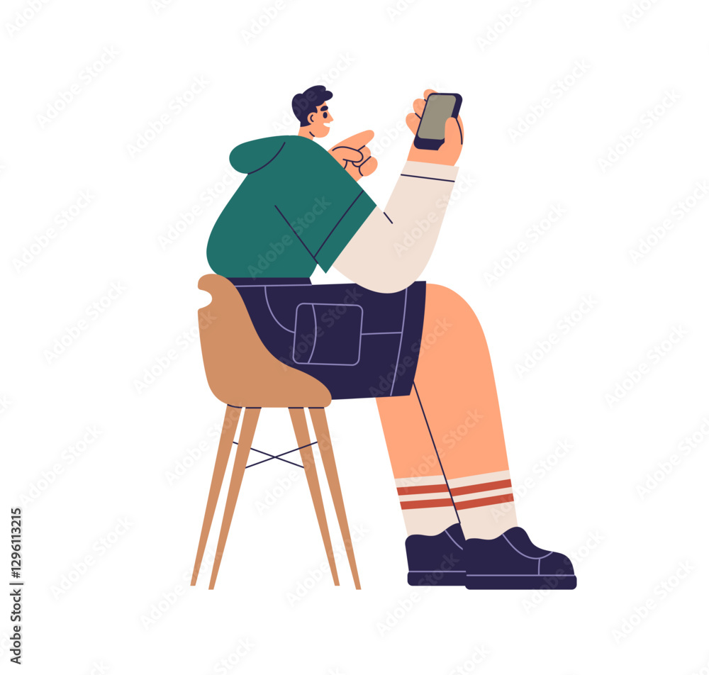 Poster man sitting on chair, holding smartphone. mobile phone user. male with cellphone in hand, browsing i