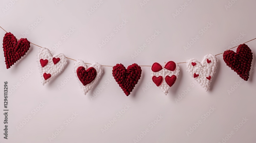 Poster colorful hearts dangle from a string, creating a playful and whimsical decoration on a wall, perfect