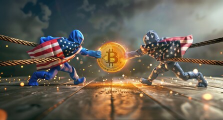 Businessmen wearing US flag capes struggling over bitcoin symbolizing regulatory tensions in cryptocurrency market
