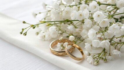Two gold wedding rings resting on white fabric, surrounded by delicate white flowers, symbolizing love and commitment.