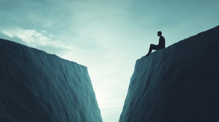 A man sits on a rock overlooking a deep ravine
