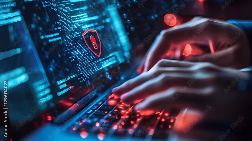Poster hands typing on a laptop with cybersecurity graphics in a dark environment highlighting digital prot