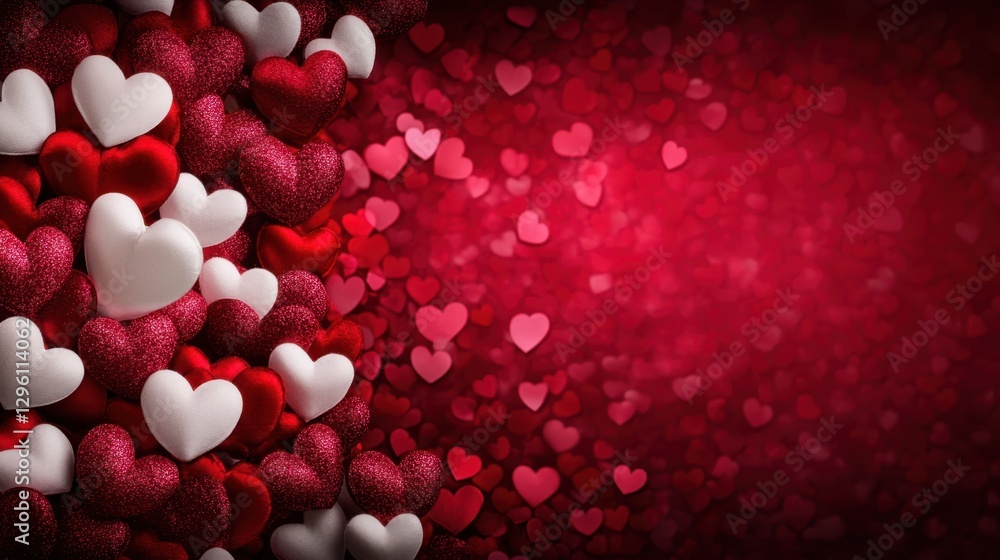 Poster red hearts are artistically scattered against a vibrant red background illuminated by soft red light