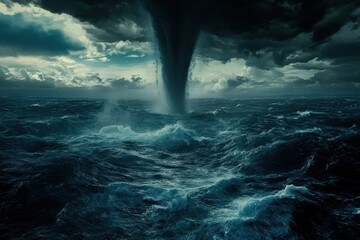 Dramatic Tornado Over Turbulent Ocean Waves Under Dark Clouds