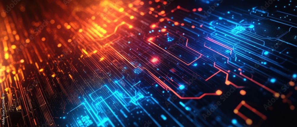 Poster abstract technology background with glowing circuit board lines in blue and orange, representing dat