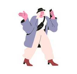 Woman holding smartphone, walking during video call. Happy modern girl, content creator recording stories for social media, mobile phone in hand. Flat vector illustration isolated on white background