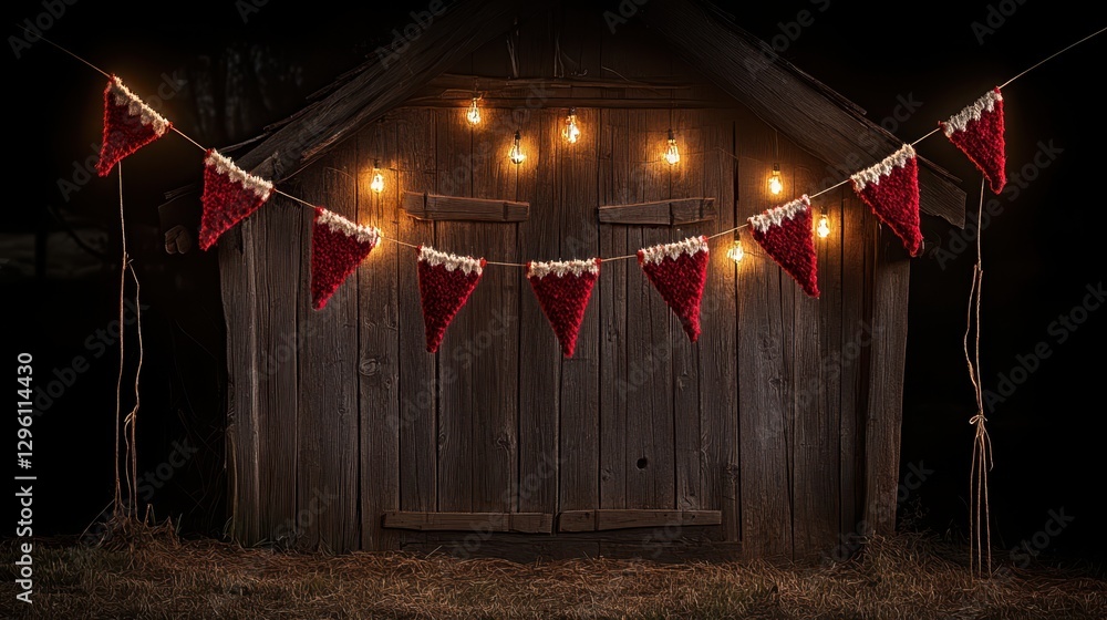 Poster string lights illuminate the exterior of a rustic barn, creating a warm and inviting atmosphere for 