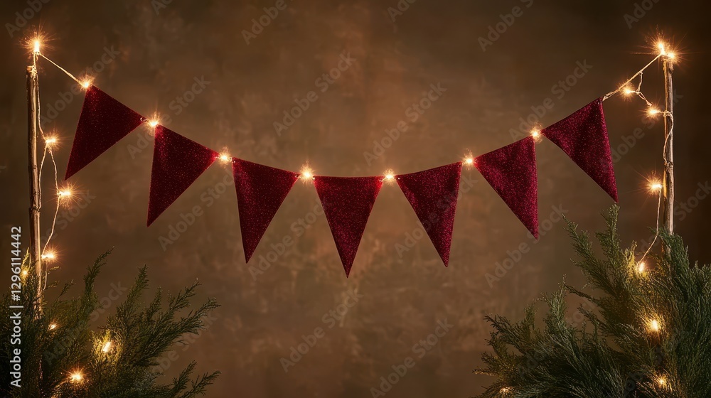 Poster three vibrant red flags dangle from a string adorned with twinkling lights, creating a festive and c