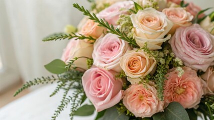 Obraz premium A beautiful bouquet of pastel roses, showcasing delicate petals and lush greenery, perfect for celebrations or as a centerpiece.