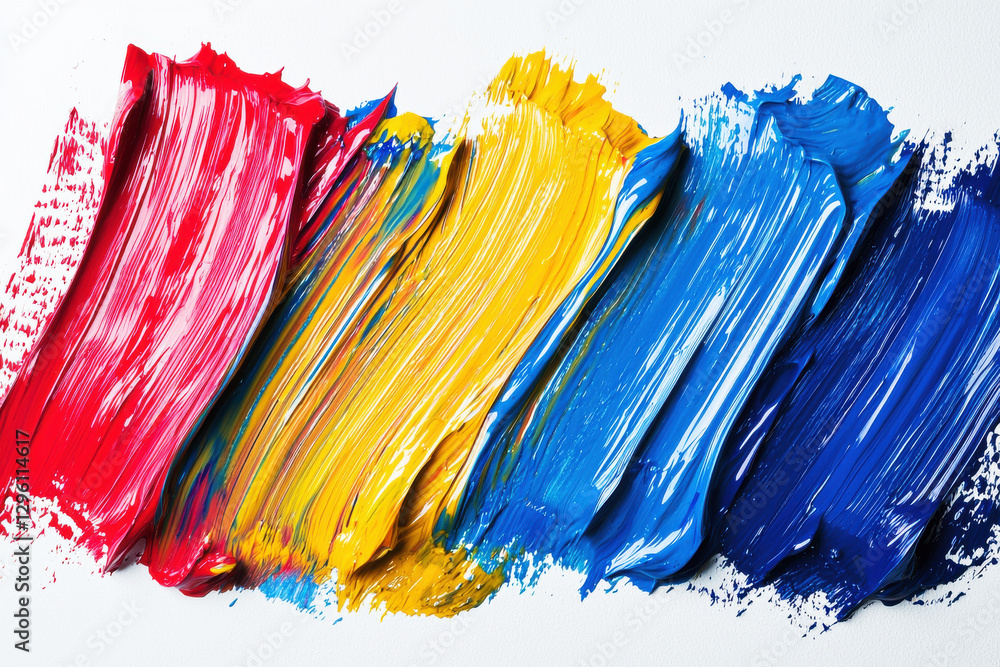 Poster a vibrant array of primary colors in thick brushstrokes on a white background, creating a dynamic, t