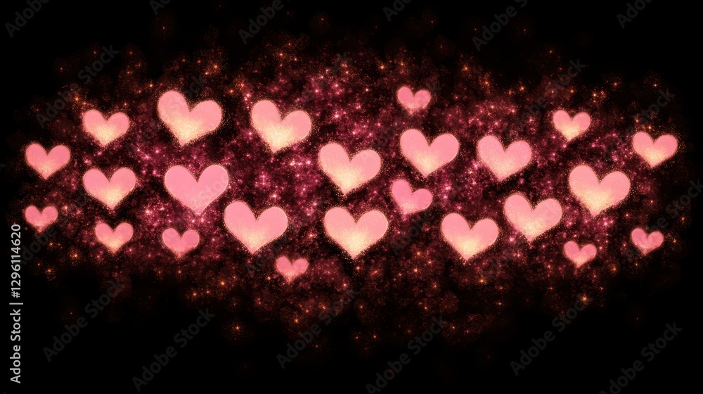 Poster a captivating display of pink hearts floating in a dimly lit room, creating an enchanting and romant