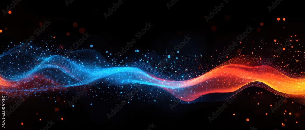 Poster abstract energy wave background with dynamic blue and red glowing particles on black concept of tech