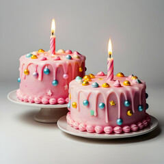 Two pink frosted birthday cakes with glowing candles and star decorations, beautifully presented